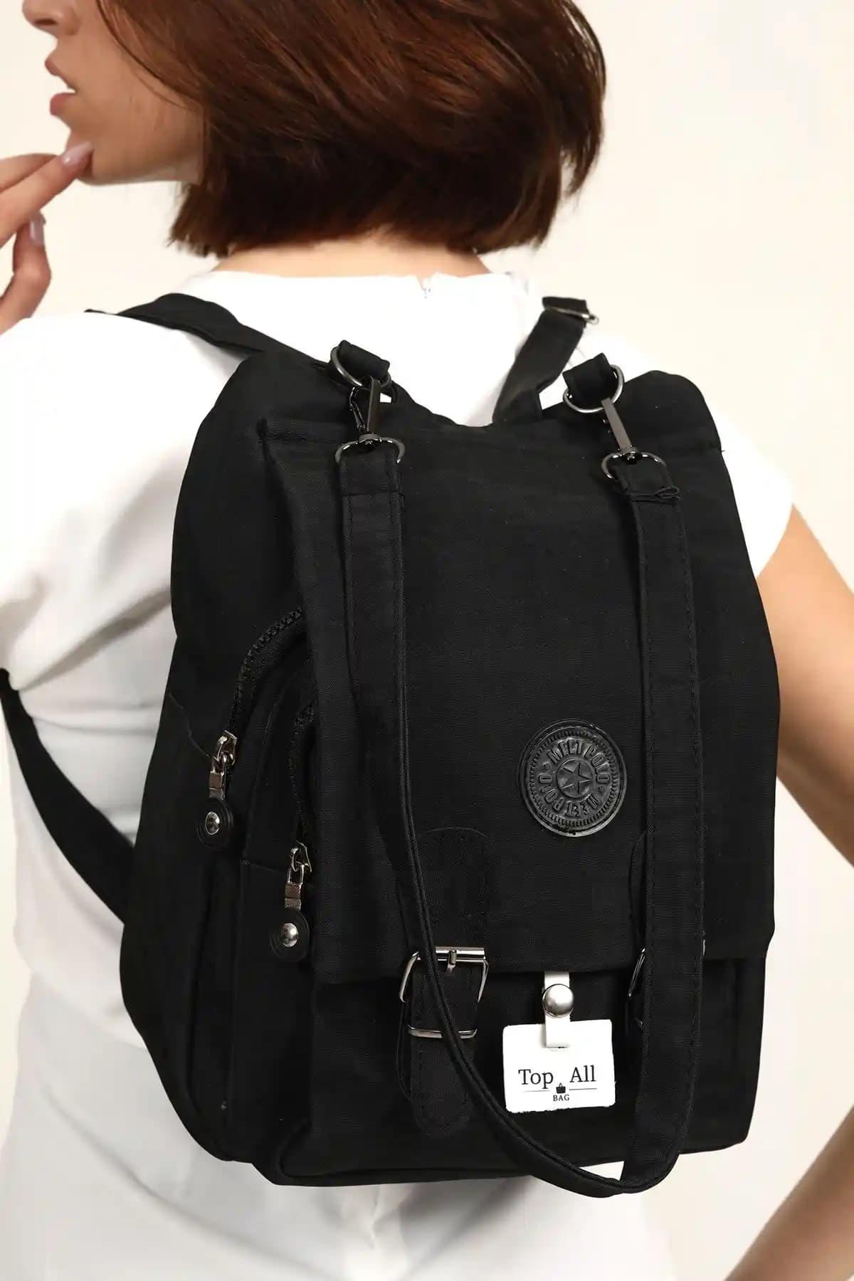 Top All BAG Siyah Krinkıl Kumaş Okul ve Günlük Kullanım Sırt Omuz Çantası