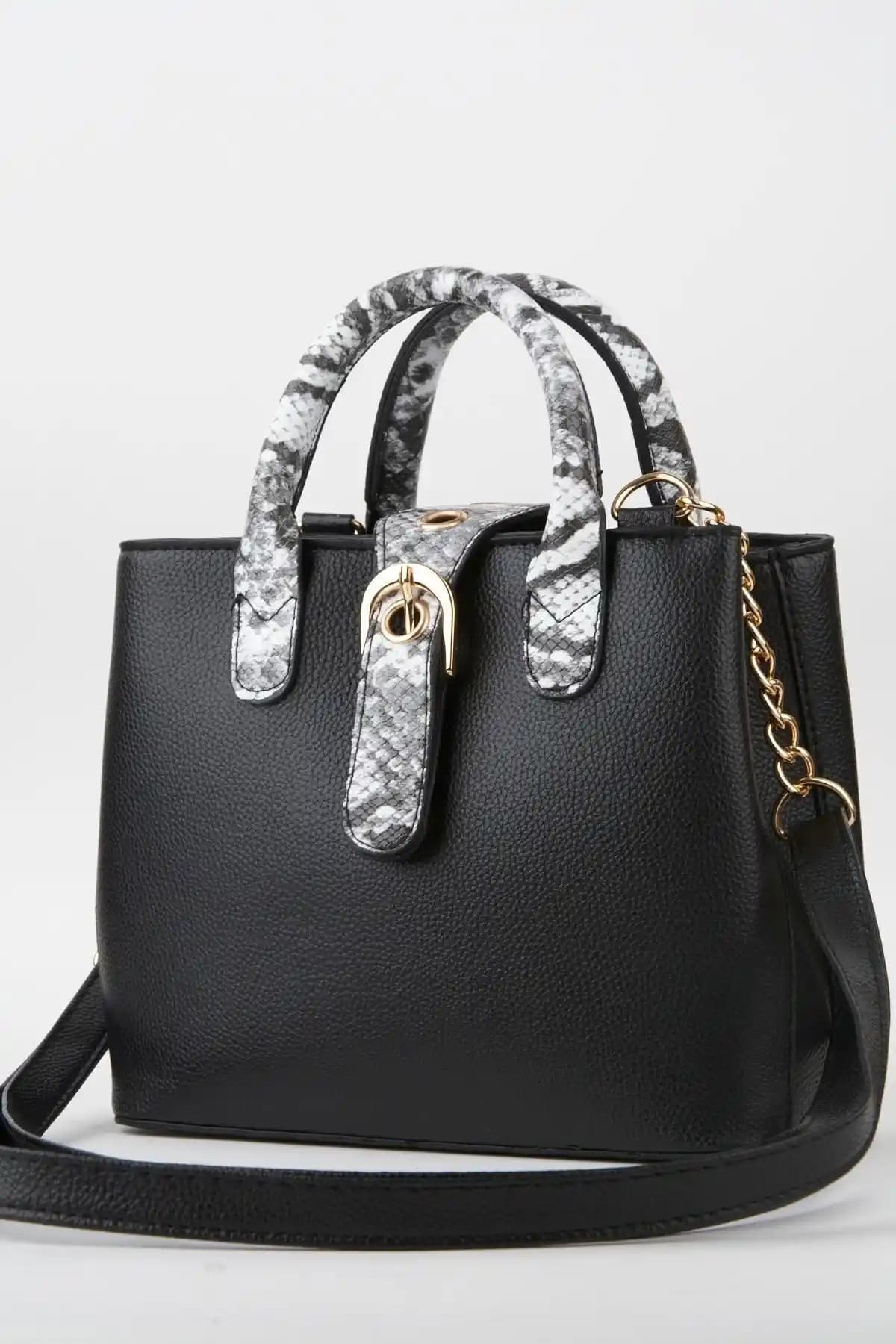 Vivaq Kadın Siyah Suni Deri Yılan Desenli Askılı Çanta Günlük ve Gece Kullanımı İçin