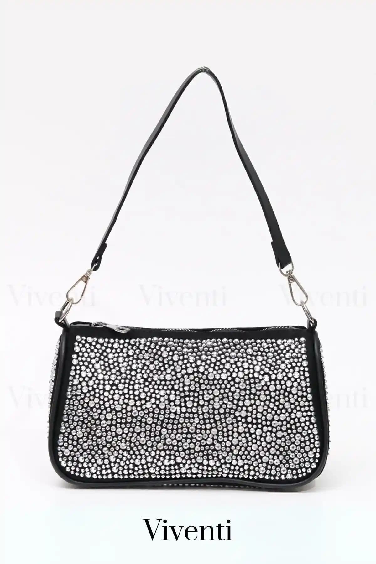 Viventi Kadın Premium Işıltılı Gümüş Taşlı Zincirli Siyah Çanta ve Kol Tasarımı