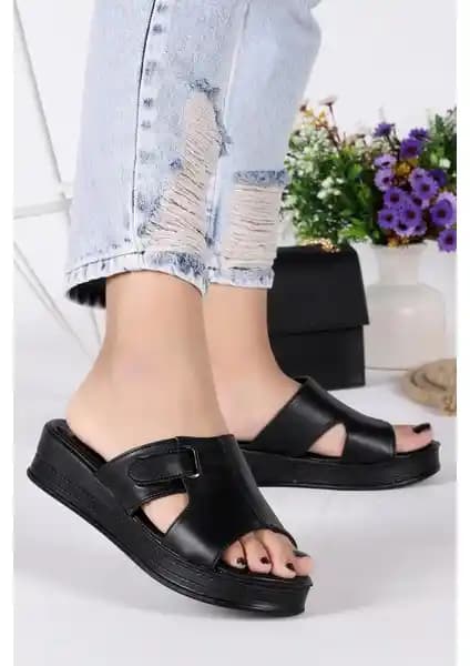 Woggo Plt 164 Kadın Günlük Şık ve Konforlu Cırtlı Terlik Siyah Renkli