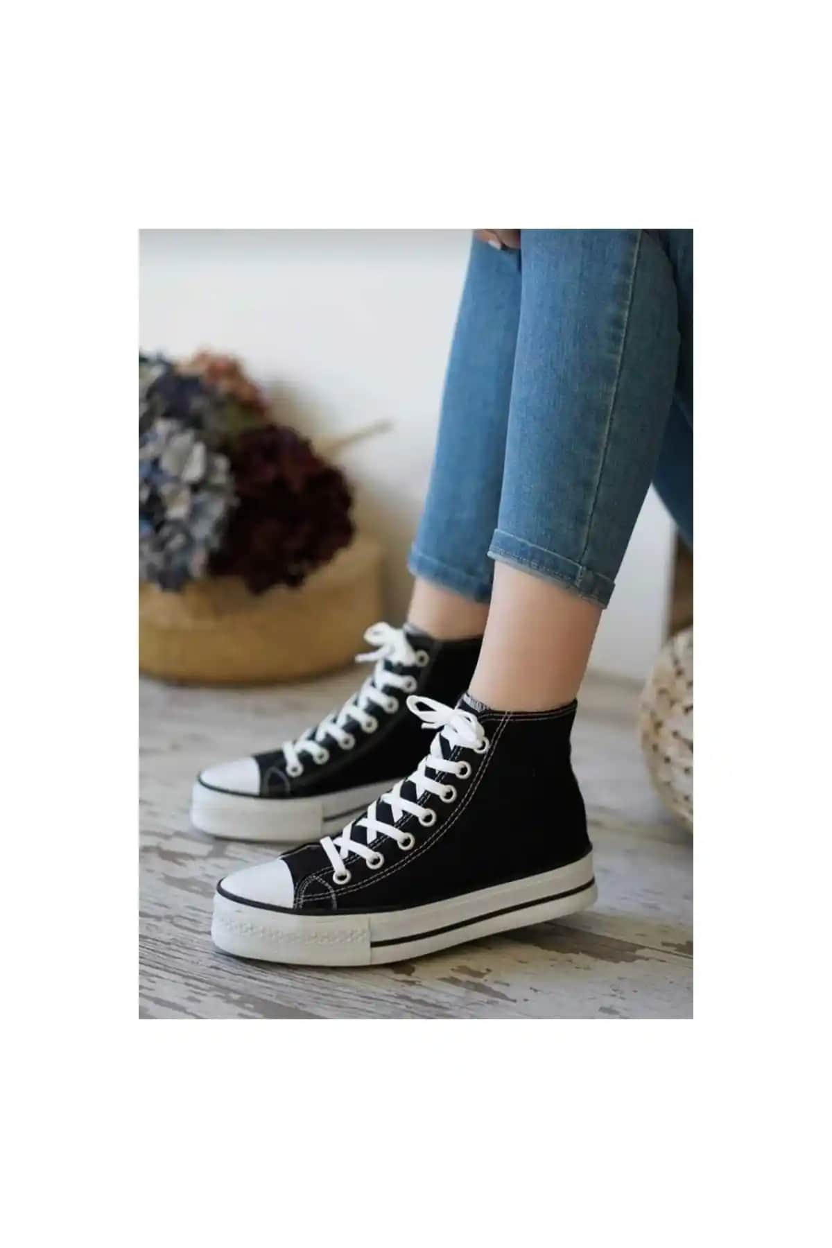 İbrahim Müslü Siyah Kalın Taban Uzun Keten Sneaker Günlük ve Spor Kullanımına Uygun
