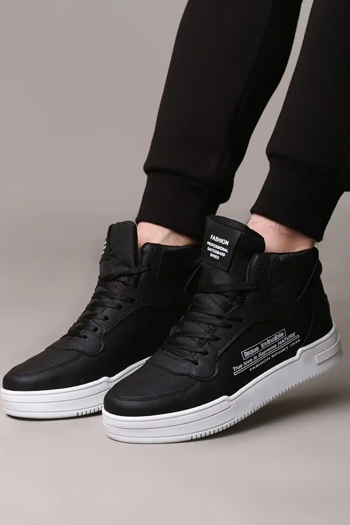 Lord's Siyah-Beyaz Unisex Yüksek Bilekli Spor Ayakkabı Günlük ve Spor Kullanımına Uygun