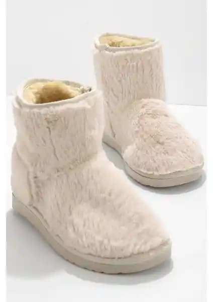 Bambi Bej Kürklü Kadın Bot ve Bootie Modeli Şık ve Konforlu Kış Ayakkabısı