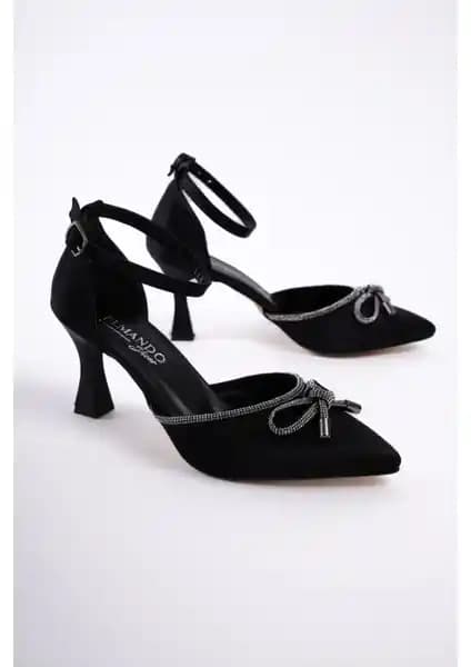 Elmando Kadın Taşlı Fiyonklu Topuklu Ayakkabı Siyah Saten Zarif ve Şık Tasarım