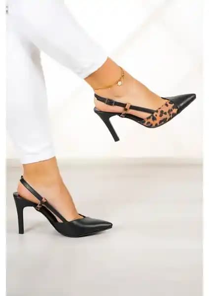 Erkan Saçmacı Sacha Vegan Leopar Desenli Arkası Açık Stiletto Kadın Ayakkabısı
