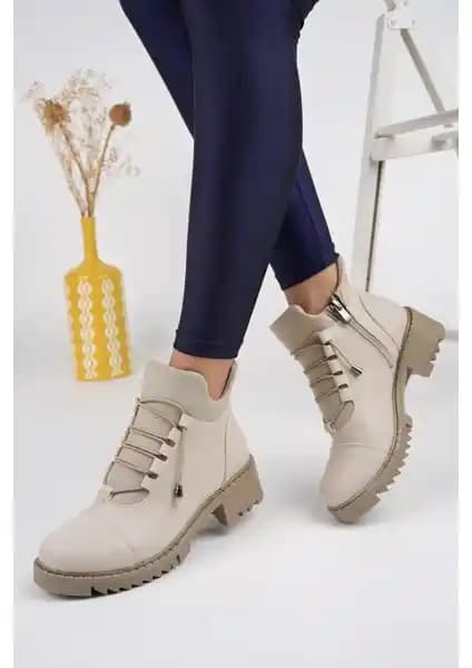 Muggo Kadın Streç Lastik Bağcıklı Fermuarlı Kış Botu Dayanıklı ve Şık Tasarım