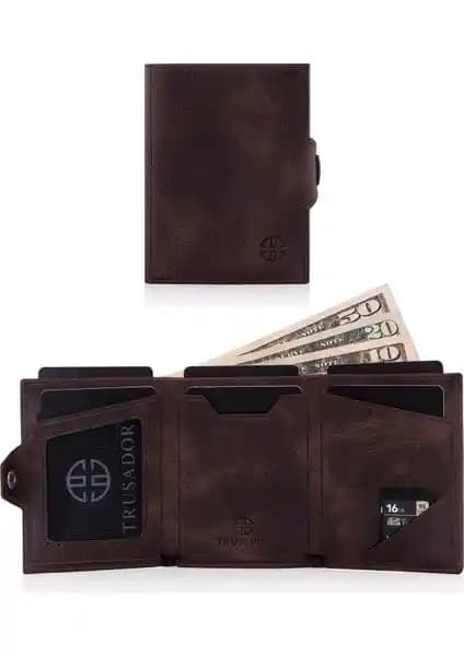 Trusador Verona Kahverengi Hakiki Deri Unisex Mini Cüzdan Günlük Kullanım İçin Tasarlandı