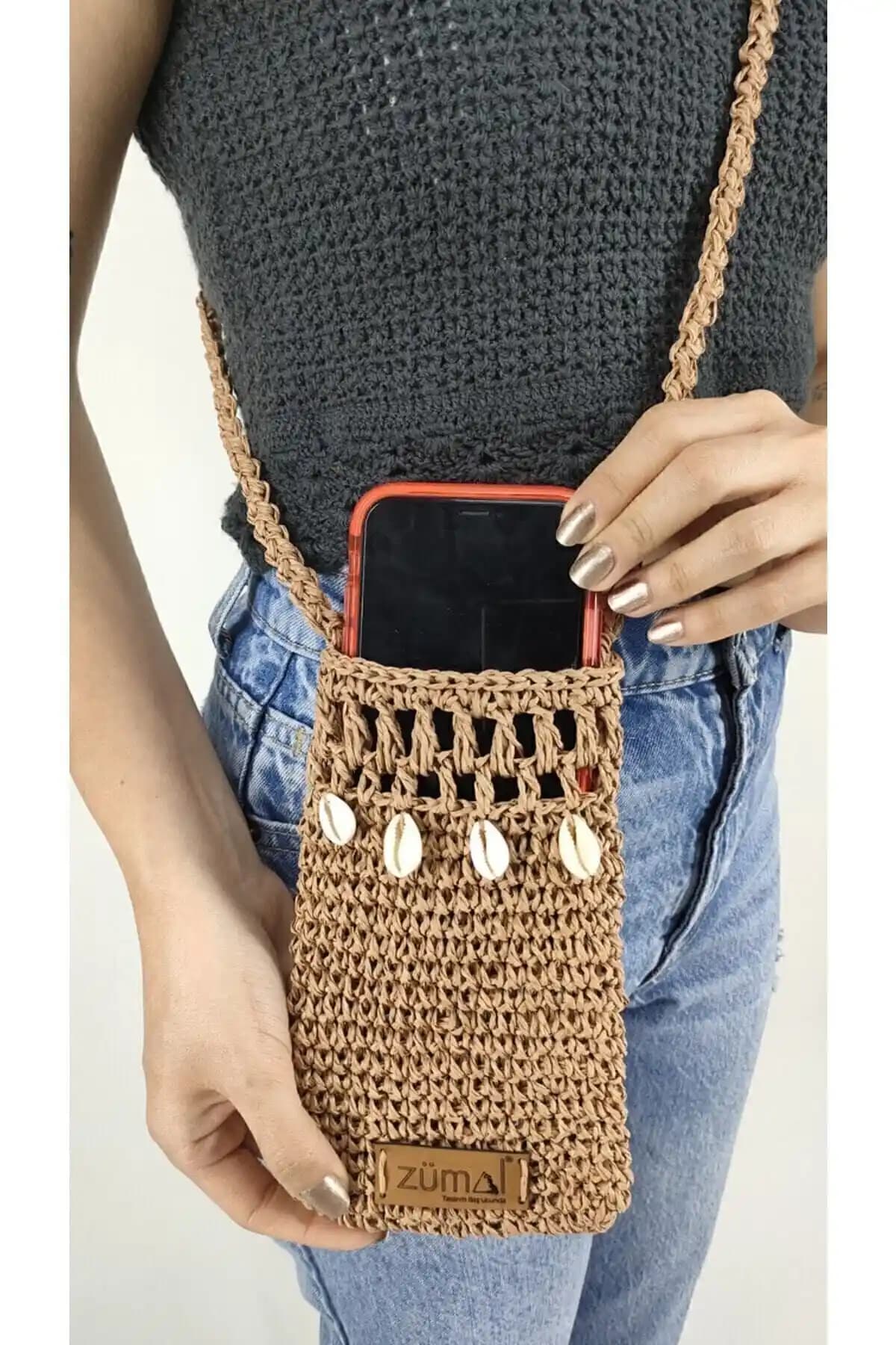 Zümal Lüx El Örgüsü Kağıt İp Çanta Tarçın Renkli Günlük ve Özel Kullanım İçin