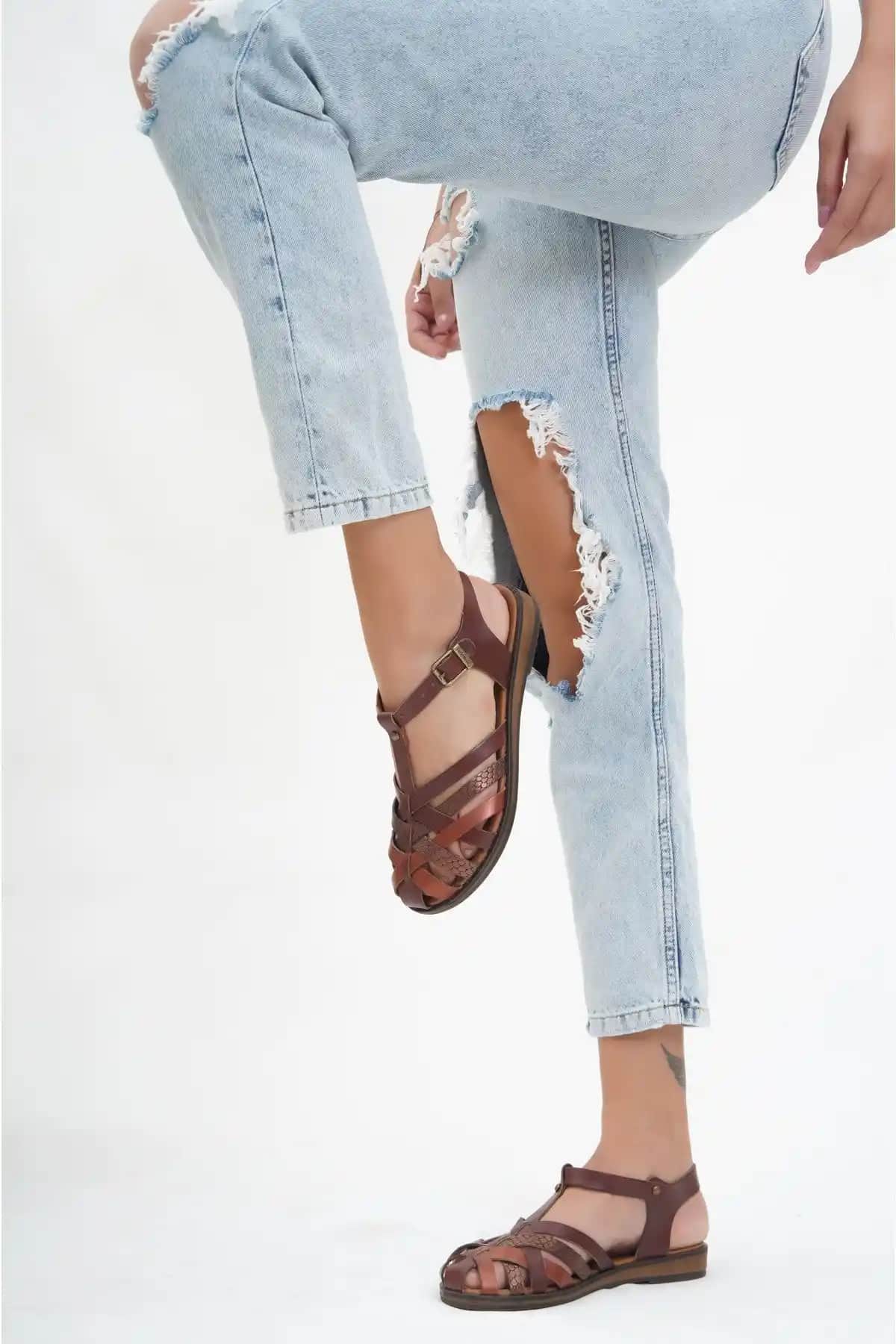 Deripabuc Hakiki Deri Kahverengi Kadın Sandalet Twinkle-3 Modern ve Konforlu Tasarım