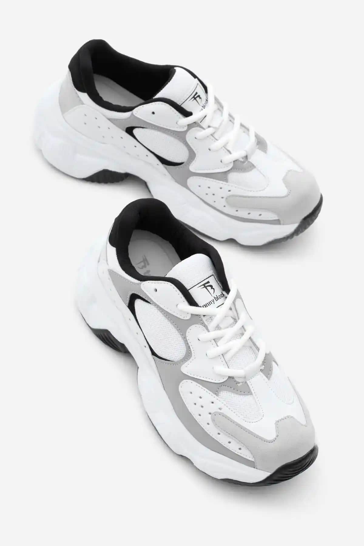 Tonny Black Kadın Beyaz Gri Rahat Kalıp Yüksek Taban Bağcıklı Spor Ayakkabı