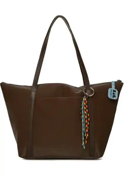 Bagmori Kahverengi Kadın Renkli Püsküllü Saten Tote Çanta Günlük Kullanım İçin Uygun