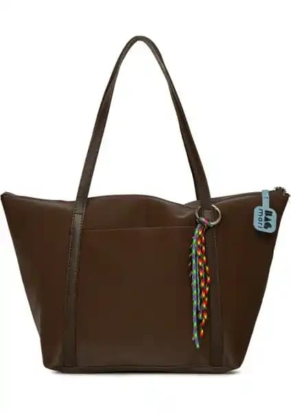 Bagmori Kahverengi Kadın Renkli Püsküllü Saten Tote Çanta Günlük Kullanım İçin Uygun
