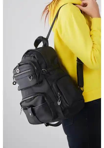 City Center Fashion Kadın Çok Gözlü Yıkama Deri Sırt Çantası Günlük ve Spor Kullanımına Uygun