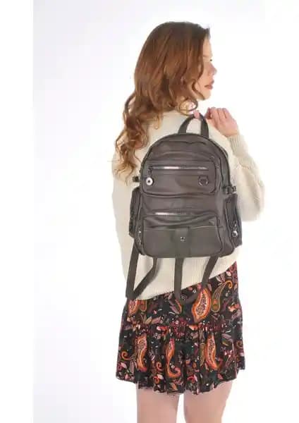 City Center Fashion Kadın Yıkama Deri Çok Gözlü Sırt Çantası Günlük Kullanım İçin Şık ve Fonksiyonel Tasarım