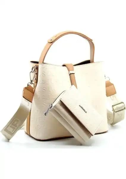Just Polo Kadın Krem Kilit Detaylı Cüzdan ve Omuz Çanta Seti Günlük Kullanım İçin Uygun