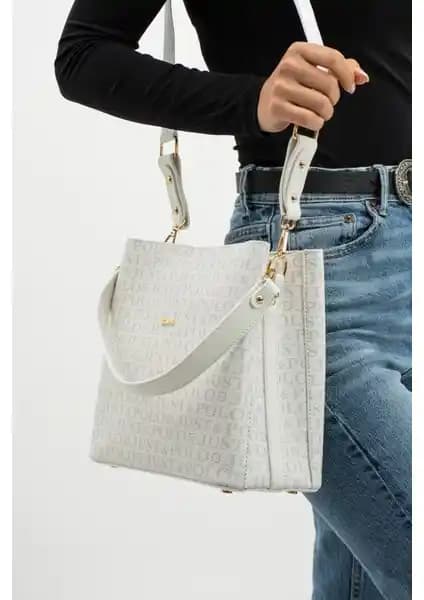 Modern ve Şık Kadın Çantası Just Polo Beyaz Baskı Desenli Su Geçirmez Modeli