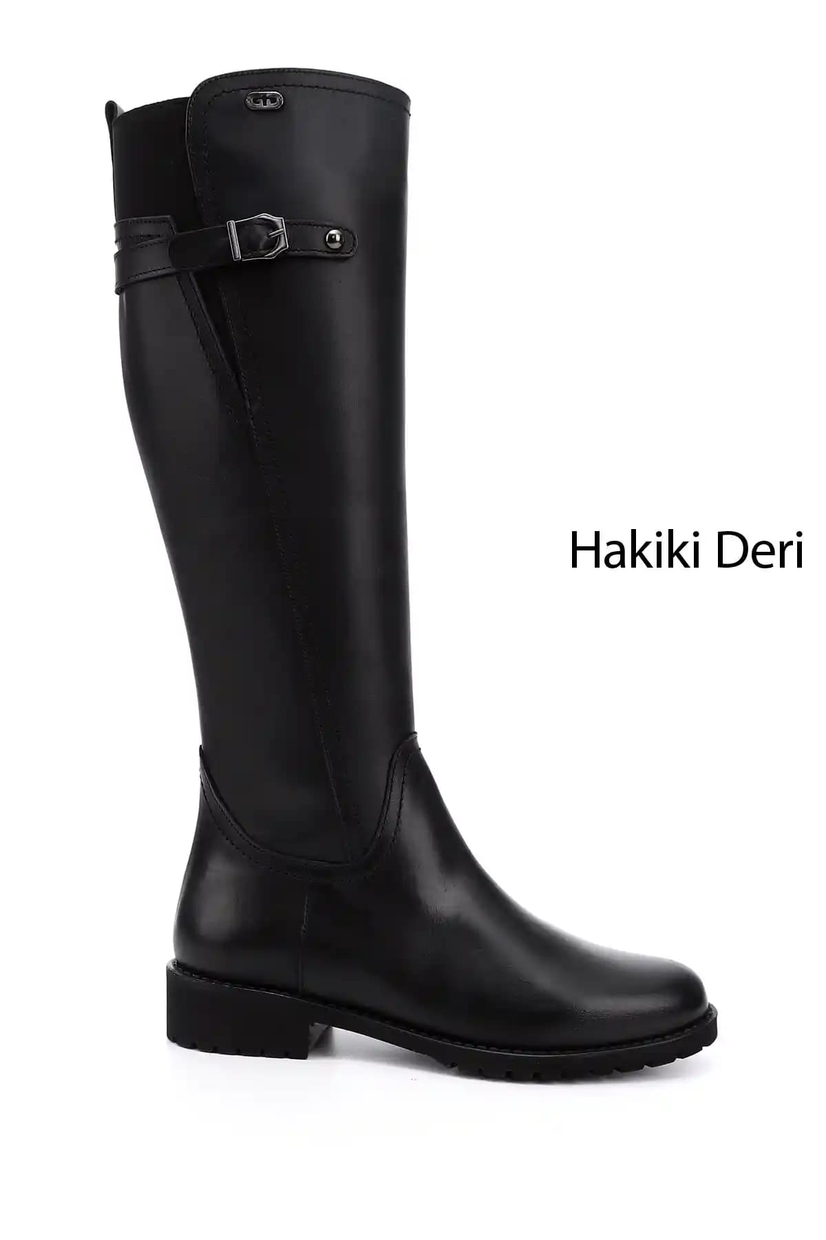 GÖNDERİ® Kadın Siyah Fermuarlı Hakiki Deri Kauçuk Tabanlı Rahat Çizme