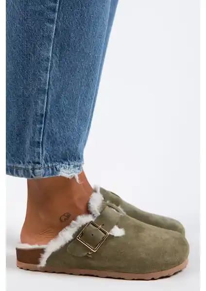 Manijero Zeta Hakiki Deri Kürklü Kadın Terlik - Haki Süet ve Tokalı Kemerli