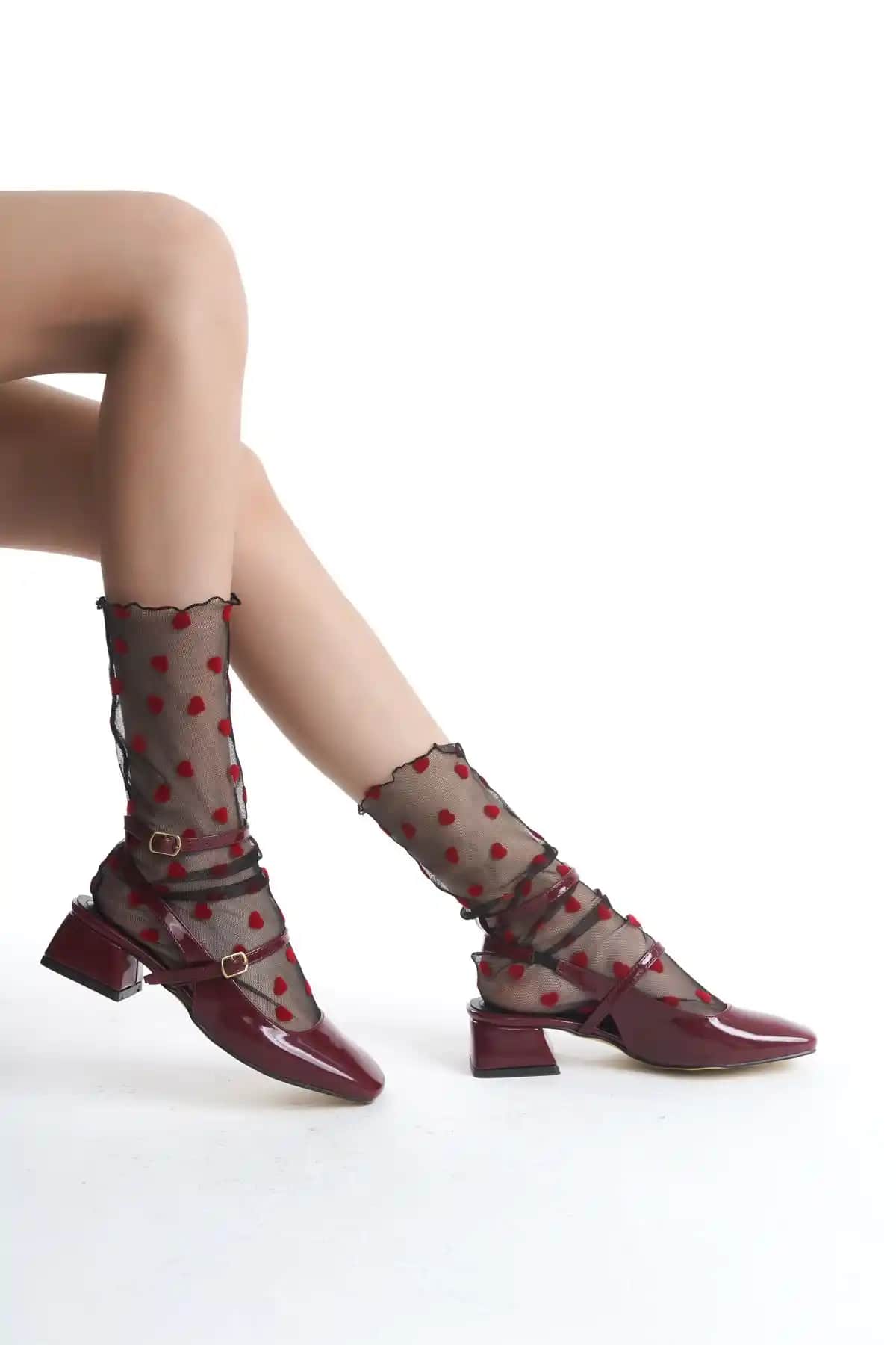 Moda Değirmeni Bordo Rujan Kadın Kısa Topuklu Çift Toka Bilekten Bağlamalı Ayakkabı