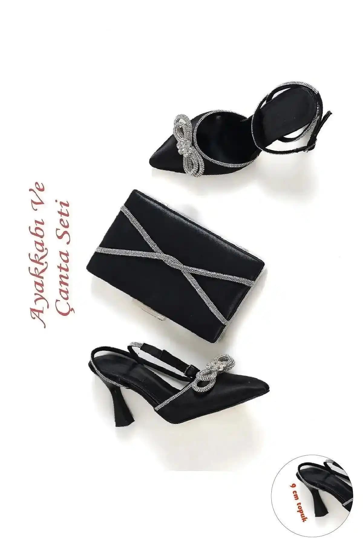 Moda Değirmeni Kadın Siyah Saten Abiye Ayakkabı ve Çanta Seti Şıklık ve Konfor Bir Arada