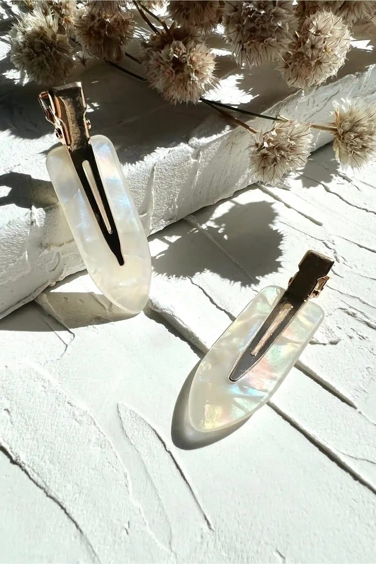 ODESE DESIGN 2'li İz Yapmayan Klips Toka Setleri Beyaz Sedef ve Kaplumbağa Kabuğu Desenli