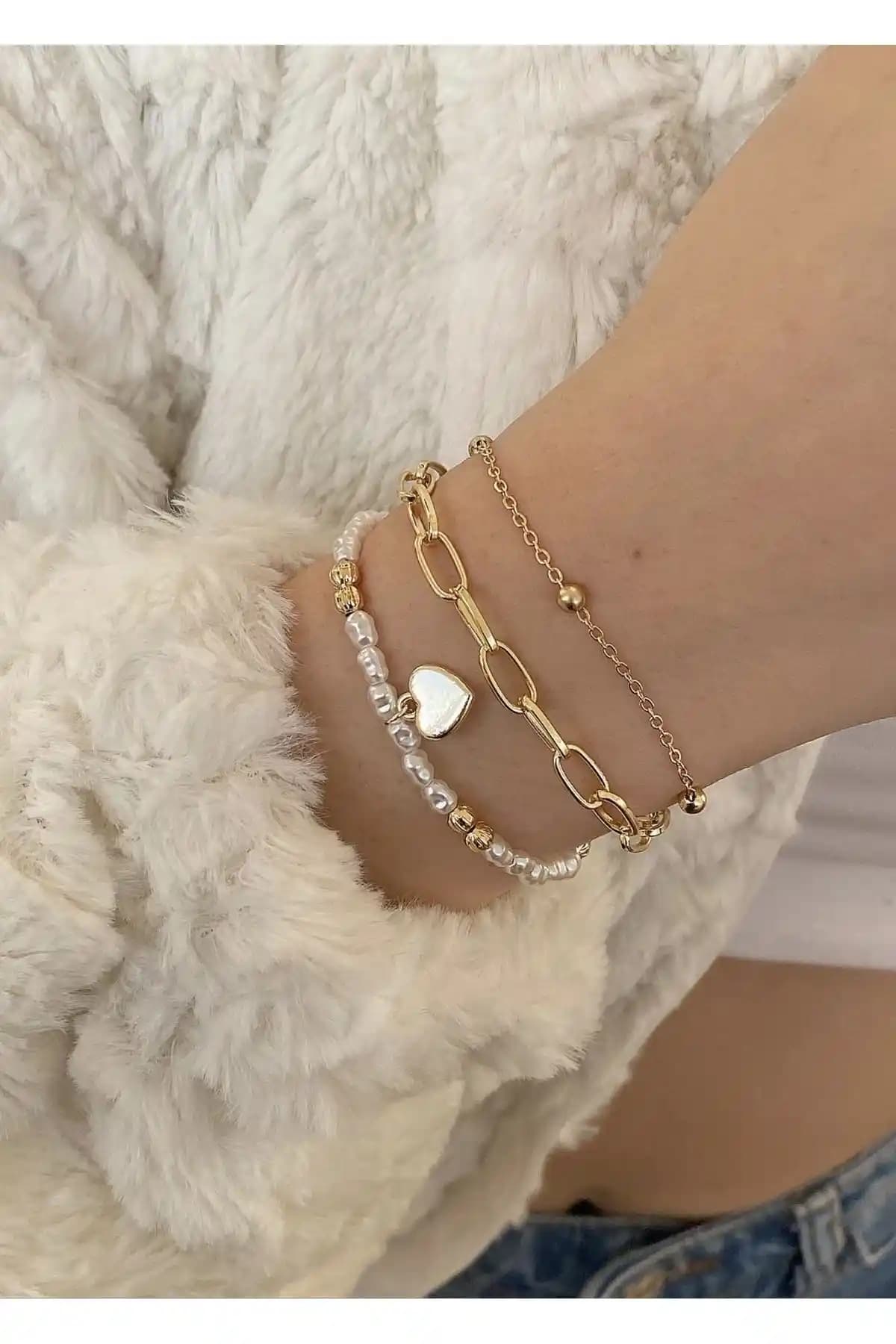 Takıtarzım 3'lü inci kalp ve sedef yıl<dı>z gold zincir bileklikleri karşılaştırması