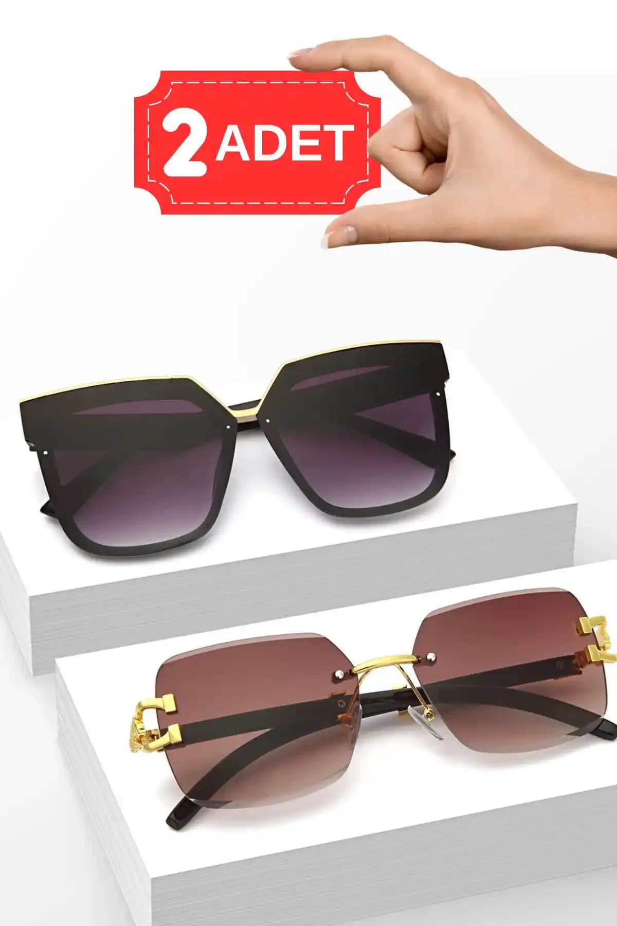 Zzla 2li Kare Kristal Siyah Kadın Güneş Gözlüğü ve 3'lü Set Yeni Sezon Modası