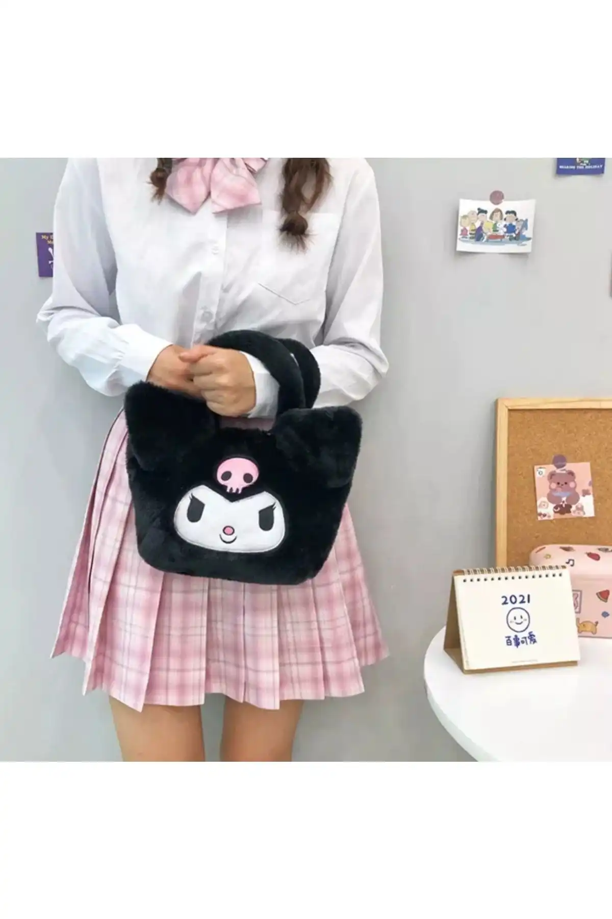 PELUS MODA Kuromi Siyah Peluş Yumuşak El Çantası ile Şıklığı Yakalayın