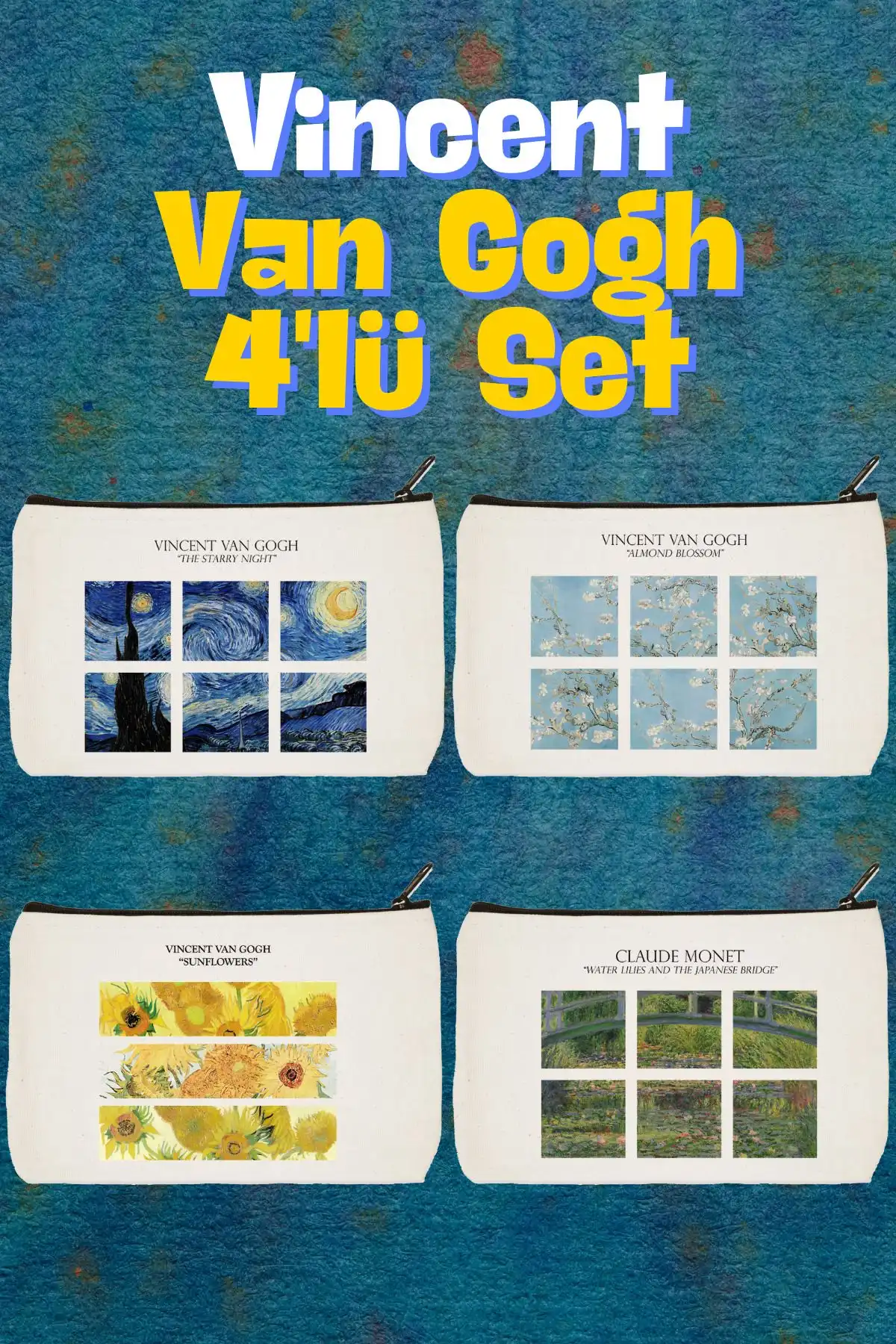 designedfy Van Gogh 4'lü Makyaj Çantası, Kalemlik ve Cüzdan Seti