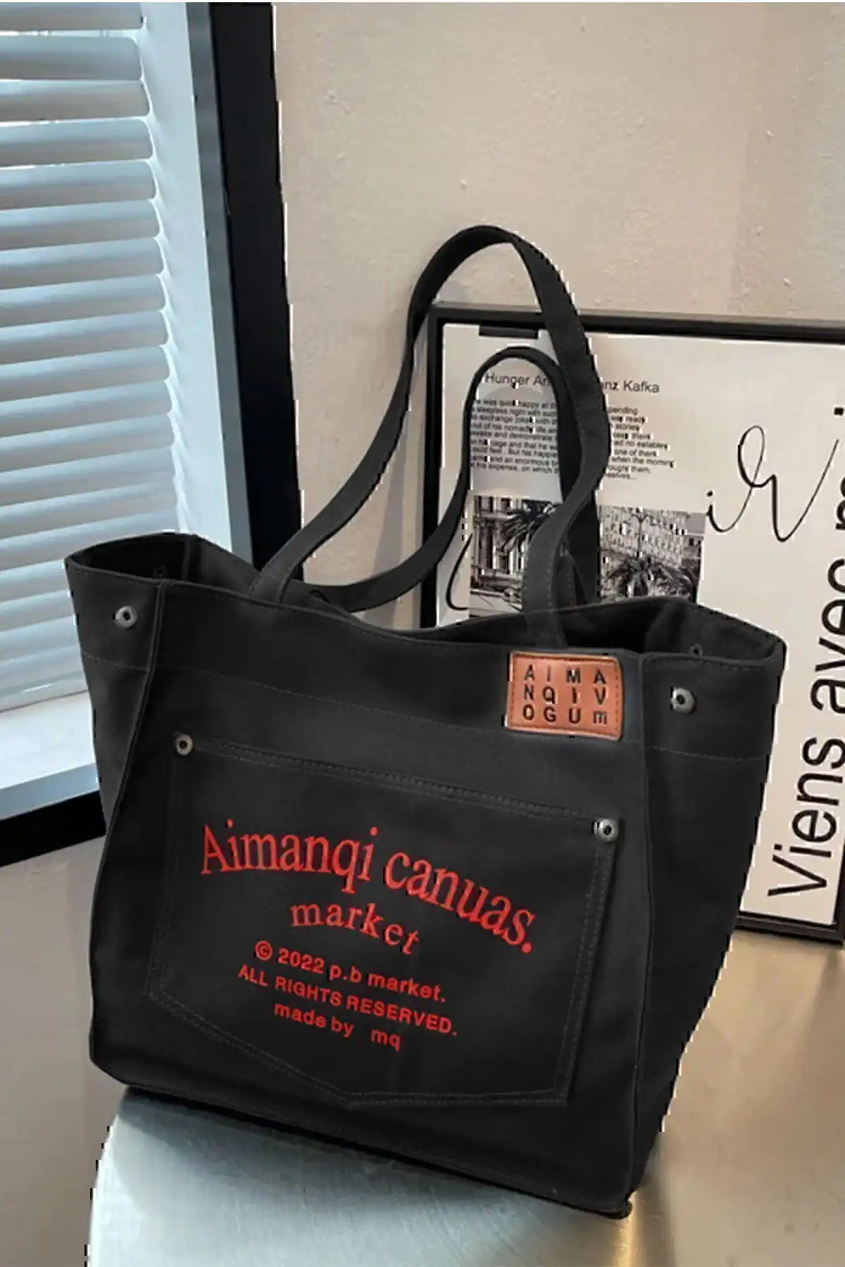 WEST BULLSCanuas Organik Kanvas Kumaş Tote Cepli Siyah Omuz Çantası